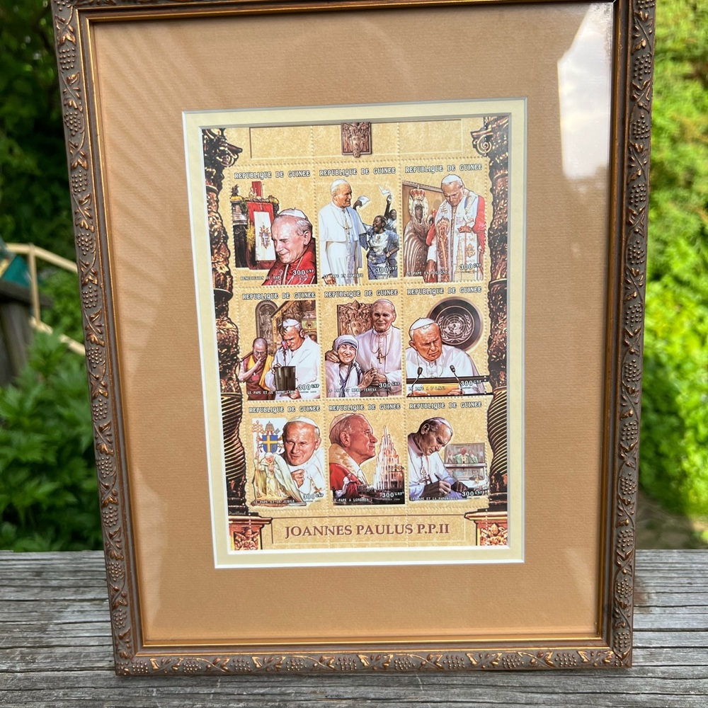 Framed Pope John Paul 11 Plate Block of 9 Postage Stamp Issue of Guinea 00171